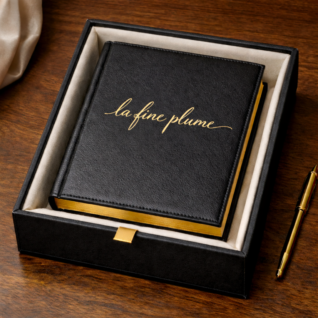 livre en cuir et plume dorée